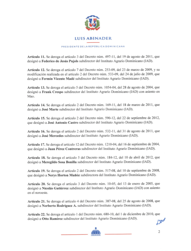 Decreto 400 20 2 Abinader cancela 2 directores y 43 subdirectores del IAD y Omsa