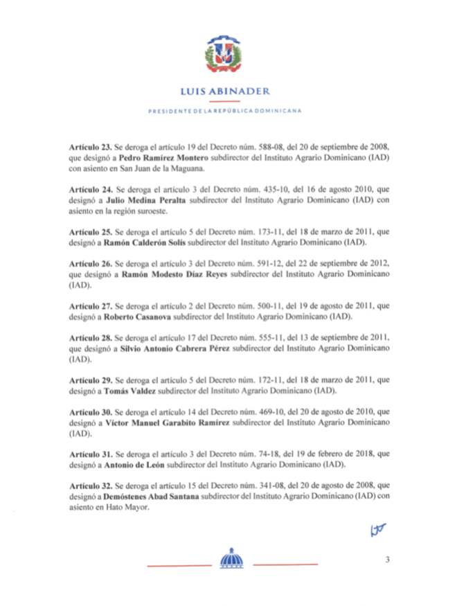 Decreto 400 20 3 Abinader cancela 2 directores y 43 subdirectores del IAD y Omsa