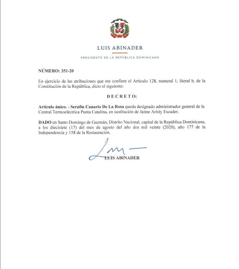 Decreto nombran a Serafin Designan a Serafín Canario como administrador de Punta Catalina
