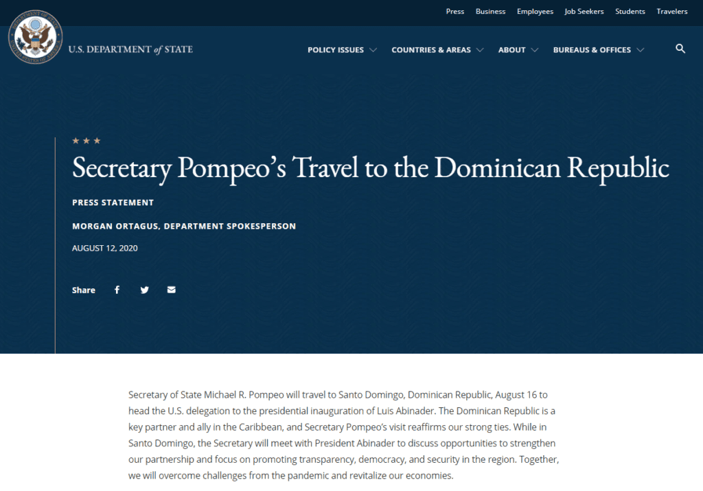 Pompeo SE Mike Pompeo y Luis Abinader se reunirán el próximo domingo