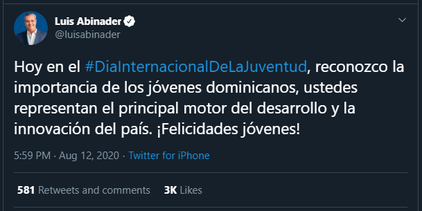 Twitt Abinader juventud Presidente electo Luis Abinader felicita a la juventud dominicana