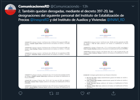 Abinader quita 56 subdirectores de la Lotería Nacional, Pasaporte, CAASD y el INAVI 4 Twitt Decreto 397 20 2 Abinader quita 56 subdirectores de la Lotería Nacional, Pasaporte, CAASD y el INAVI