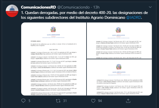 Twitt Decreto 400 20 1 Abinader cancela 2 directores y 43 subdirectores del IAD y Omsa