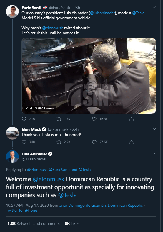 Twitt Elon Musk Abinader responde tuit de Elon Musk y lo invita a invertir en RD