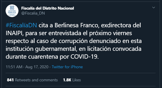 Twitt Fiscalia Fiscalía cita a Berlinesa Franco para el viernes por caso INAIPI
