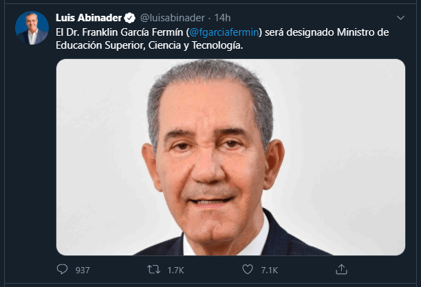 Twitt Garcia Fermin Franklin García Fermín será el ministro de Educación Superior