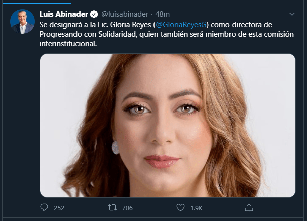 Twitt Gloria Luis Abinader: Tony Peña Guaba dirigirá Políticas Sociales y Gloria Reyes Progresando con Solidaridad