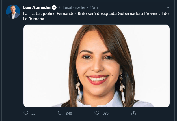 Twitt Jacqueline Abinader anuncia Gobernadoras, Director del DNI y el Director de Alianzas Público-Privadas