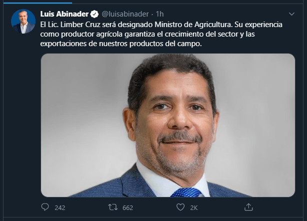 Twitt Limbert Nuevas designaciones de Abinader: Yadira Henríquez en el Plan Social y Limber Cruz ministro de Agricultura
