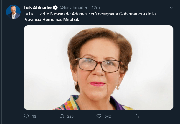 Twitt Lisette Abinader anuncia Gobernadoras, Director del DNI y el Director de Alianzas Público-Privadas