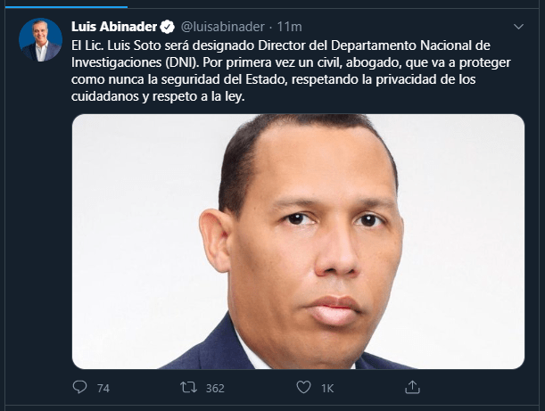 Twitt Luis Soto Abinader anuncia Gobernadoras, Director del DNI y el Director de Alianzas Público-Privadas