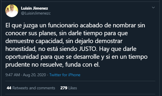 Twitt Luisin Piden tregua para Luis Abinader y darle oportunidad de gobernar