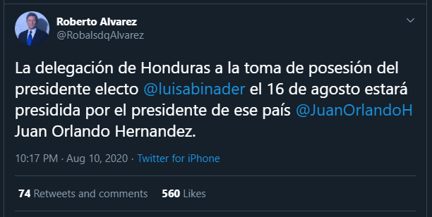 Twitt Presidente Honduras Presidente de Honduras vendrá a la toma de posesión de Luis Abinader