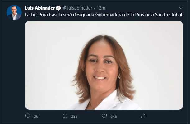 Twitt Pura Abinader anuncia Gobernadoras, Director del DNI y el Director de Alianzas Público-Privadas