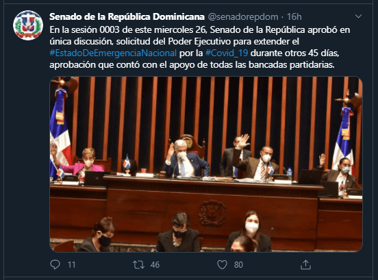 Twitt Senado Senado aprueba prórroga de 45 días del estado de emergencia