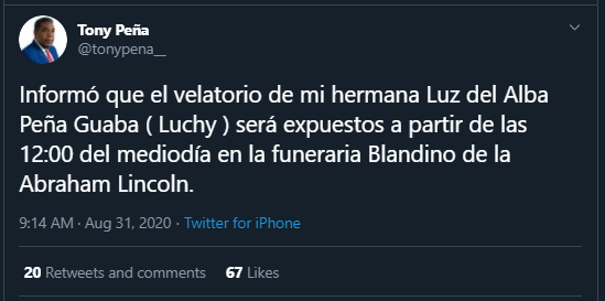 Twitt Tony Pena 2 Fallece Luz Peña Guaba, la hija mayor de Peña Gómez