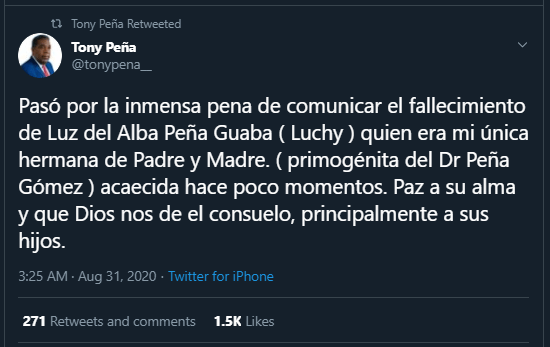 Twitt Tony Pena Fallece Luz Peña Guaba, la hija mayor de Peña Gómez