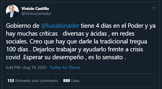 Twitt Vinicio Castillo Piden tregua para Luis Abinader y darle oportunidad de gobernar
