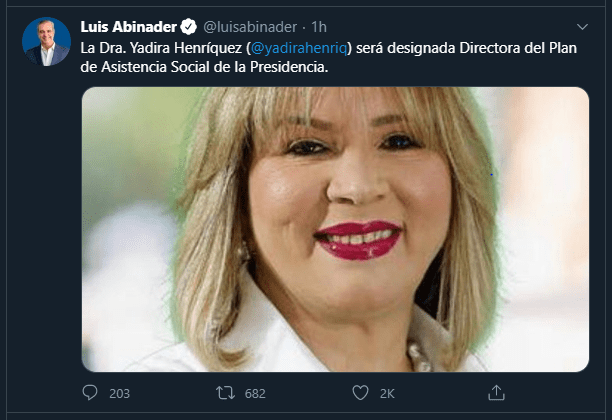 Twitt Yadira Nuevas designaciones de Abinader: Yadira Henríquez en el Plan Social y Limber Cruz ministro de Agricultura