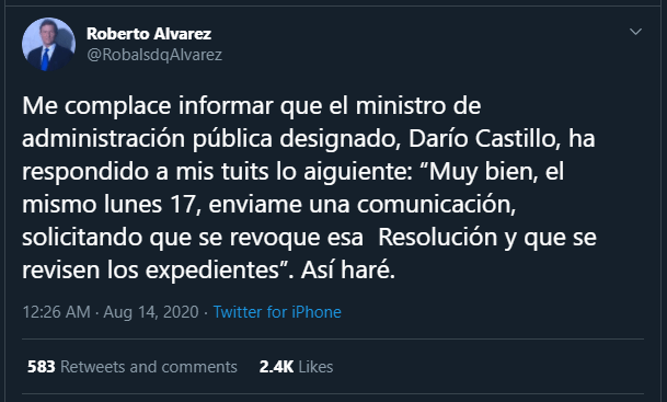 Twitt ascenso diplomaticos Roberto Álvarez y Darío Castillo revisarán "con lupa" 57 ascensos en la carrera diplomática