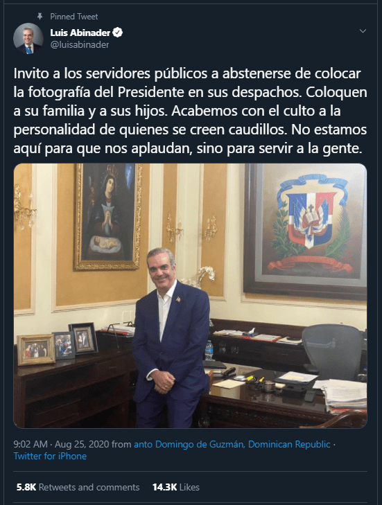 Twitt foto Abinader Luis Abinader pide funcionarios coloquen fotos familiares en los despachos y no la del Presidente