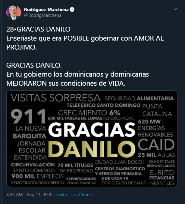 Marchena: "Gracias, Danilo, por gobernar con amor al prójimo" 3 Twitt gracias Danilo Marchena: "Gracias, Danilo, por gobernar con amor al prójimo"