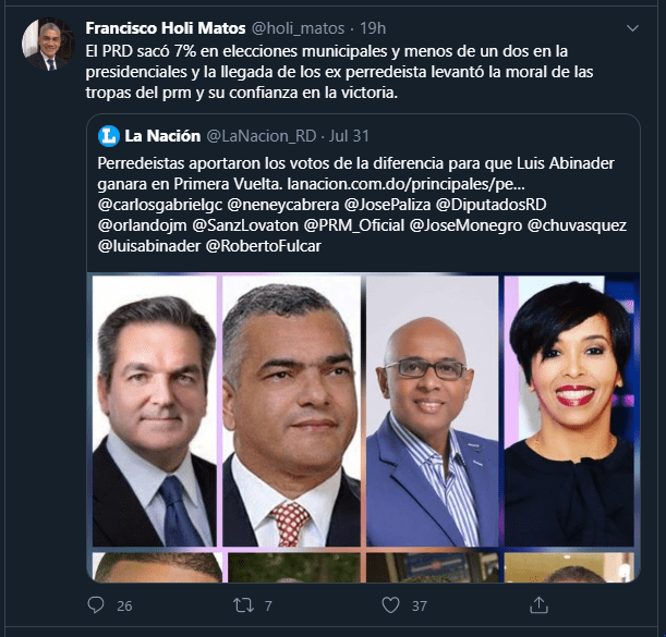 Twitt holi Holí Matos: "Llegada de ex perredeístas fue clave para victoria de Luis Abinader"