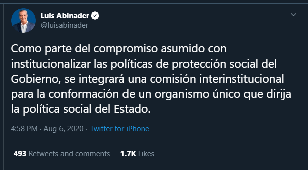 Twitt politica social Luis Abinader: Tony Peña Guaba dirigirá Políticas Sociales y Gloria Reyes Progresando con Solidaridad