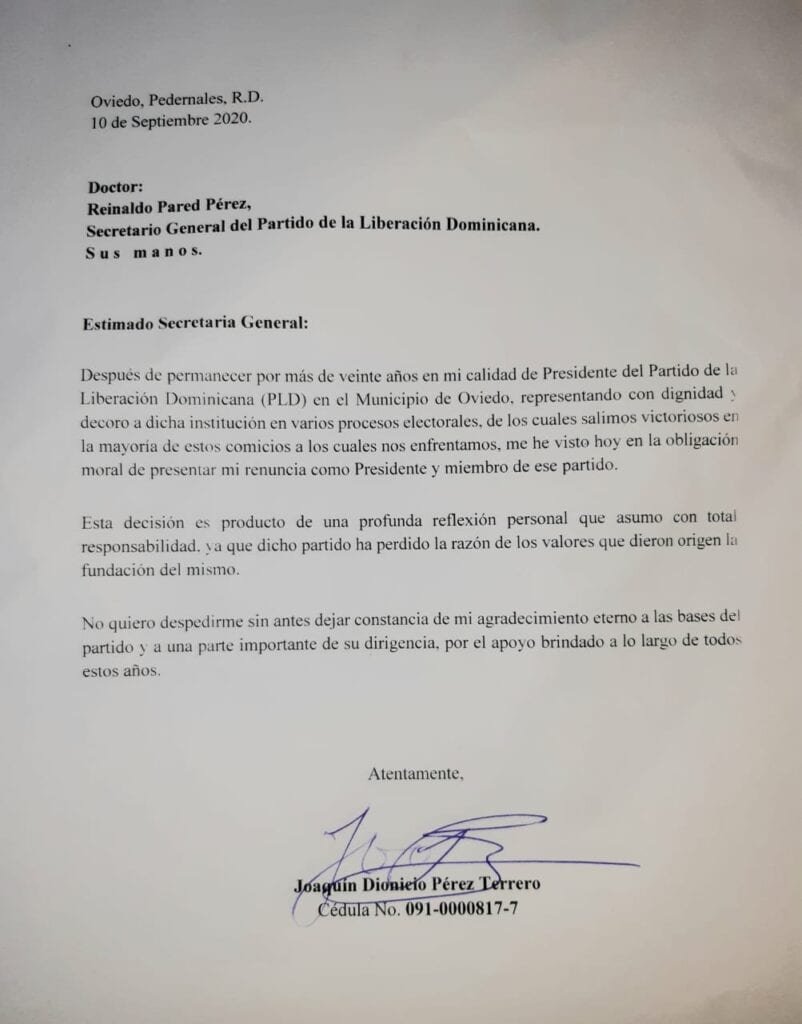 Carta renuncia Presidente PLD Oviedo Pasan a la Fuerza del Pueblo presidente municipal PLD en Oviedo y decenas de dirigentes