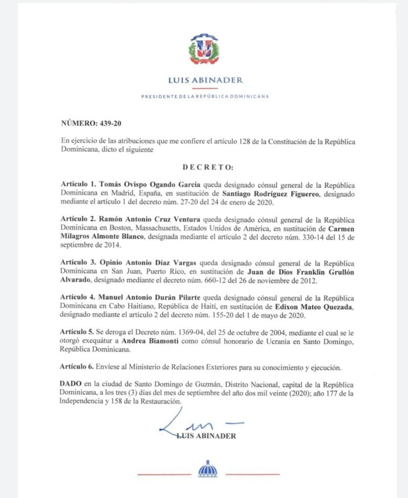 Decreto 439 20 Luis Abinader designa siete cónsules y ocho subdirectores en tres decretos