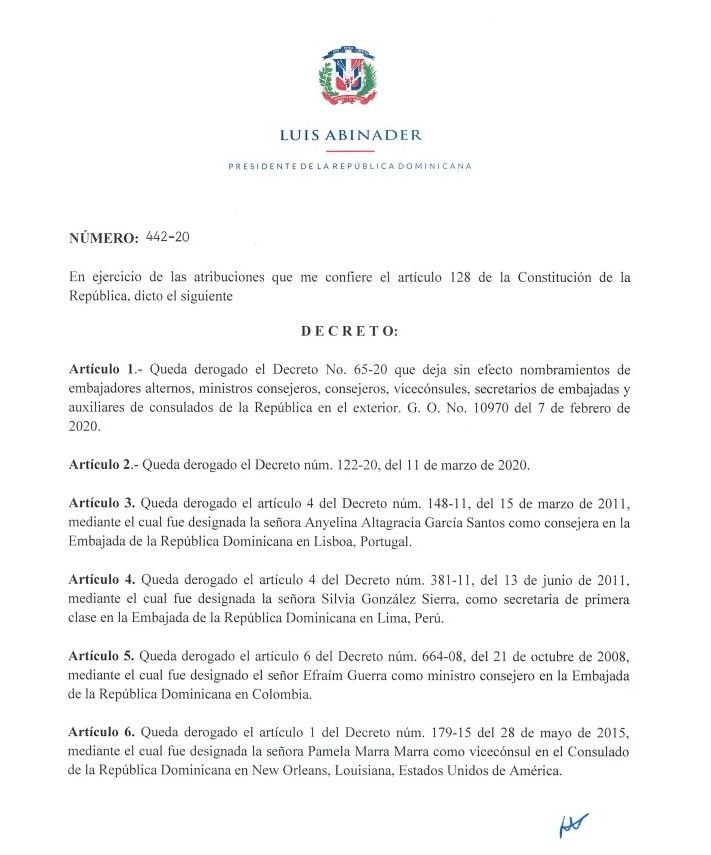 Decreto 442 20 1 Abinader cancela 33 funcionarios de embajadas y consulados