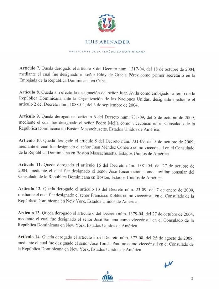 Decreto 442 20 2 Abinader cancela 33 funcionarios de embajadas y consulados