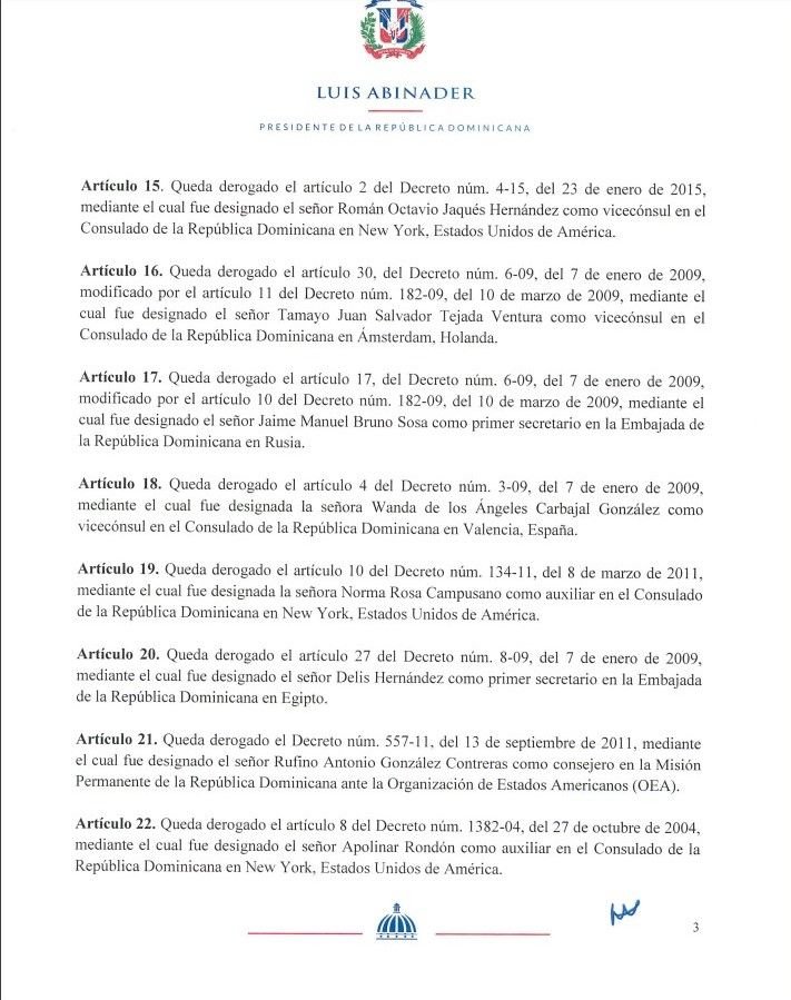 Decreto 442 20 3 Abinader cancela 33 funcionarios de embajadas y consulados
