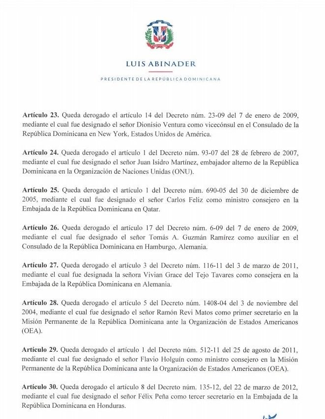 Decreto 442 20 4 Abinader cancela 33 funcionarios de embajadas y consulados