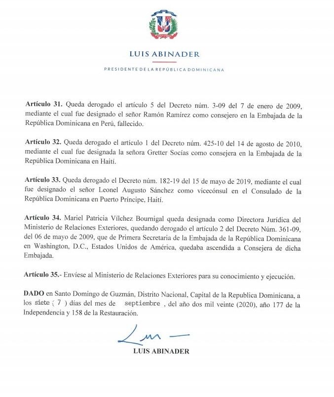 Decreto 442 20 5 Abinader cancela 33 funcionarios de embajadas y consulados