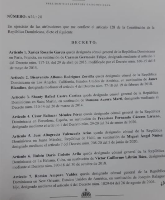 Decreto 451 20 1 Luis Abinader designa siete cónsules y ocho subdirectores en tres decretos