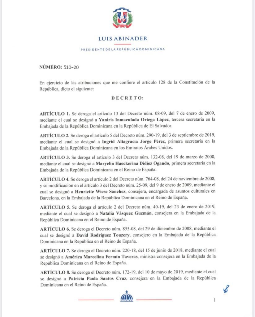 Decreto 510 20 1 Luis Abinader destituye a Fiquito Vásquez y a la hija de “La Tora”