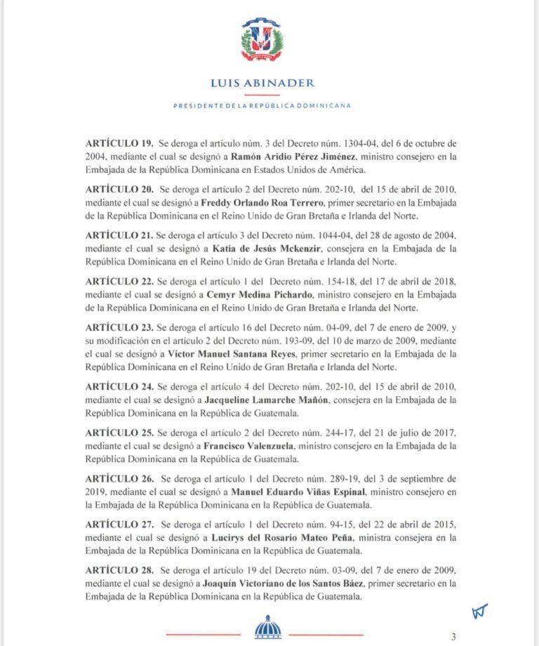 Decreto 510 20 3 Luis Abinader destituye a Fiquito Vásquez y a la hija de “La Tora”