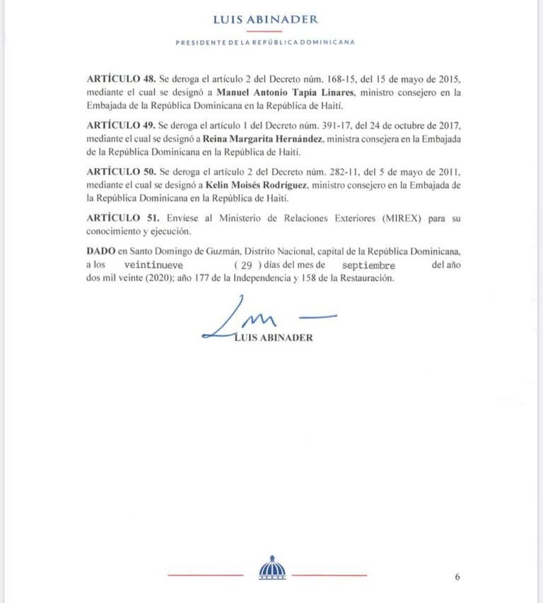 Decreto 510 20 6 Luis Abinader destituye a Fiquito Vásquez y a la hija de “La Tora”