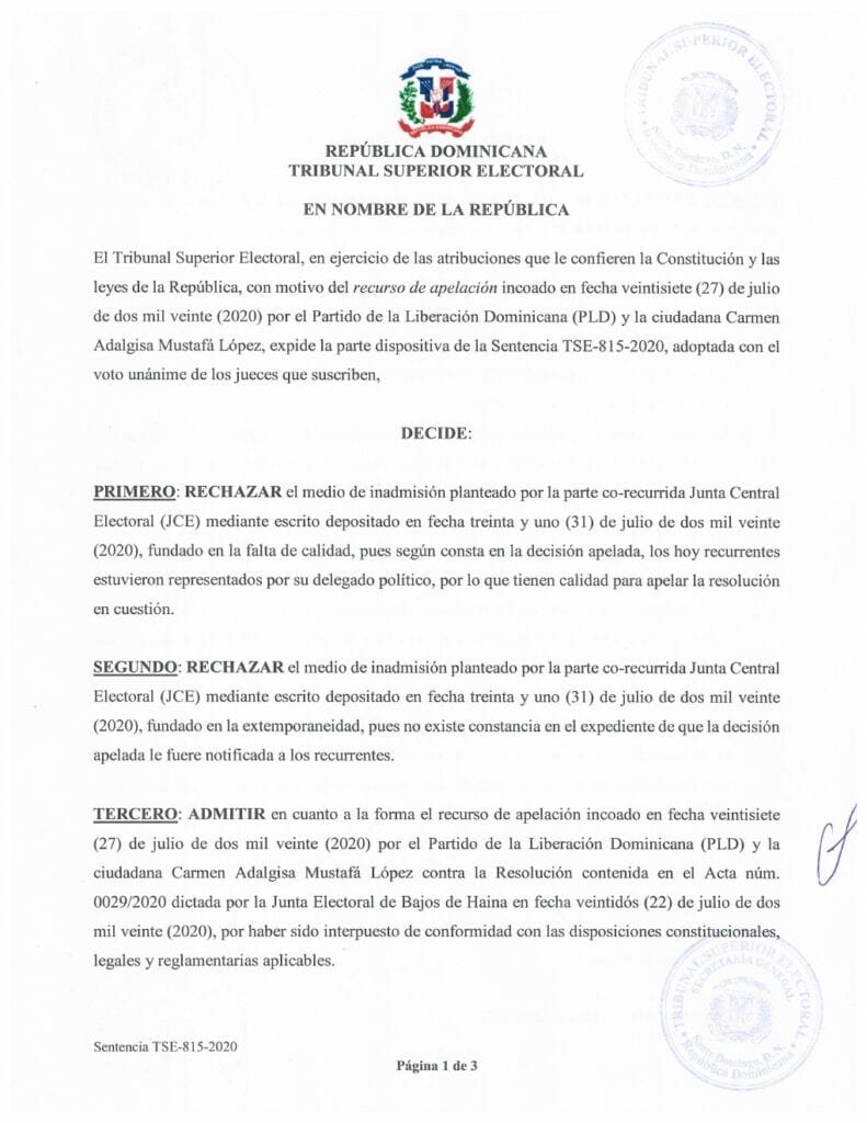 Dispositivo de Sentencia numero TSE 815 2020 01 TSE publica sentencias que PLD considera le despojan diputaciones