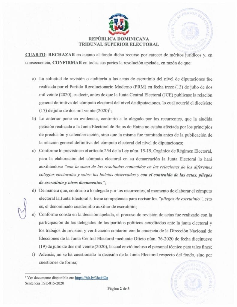 Dispositivo de Sentencia numero TSE 815 2020 02 TSE publica sentencias que PLD considera le despojan diputaciones