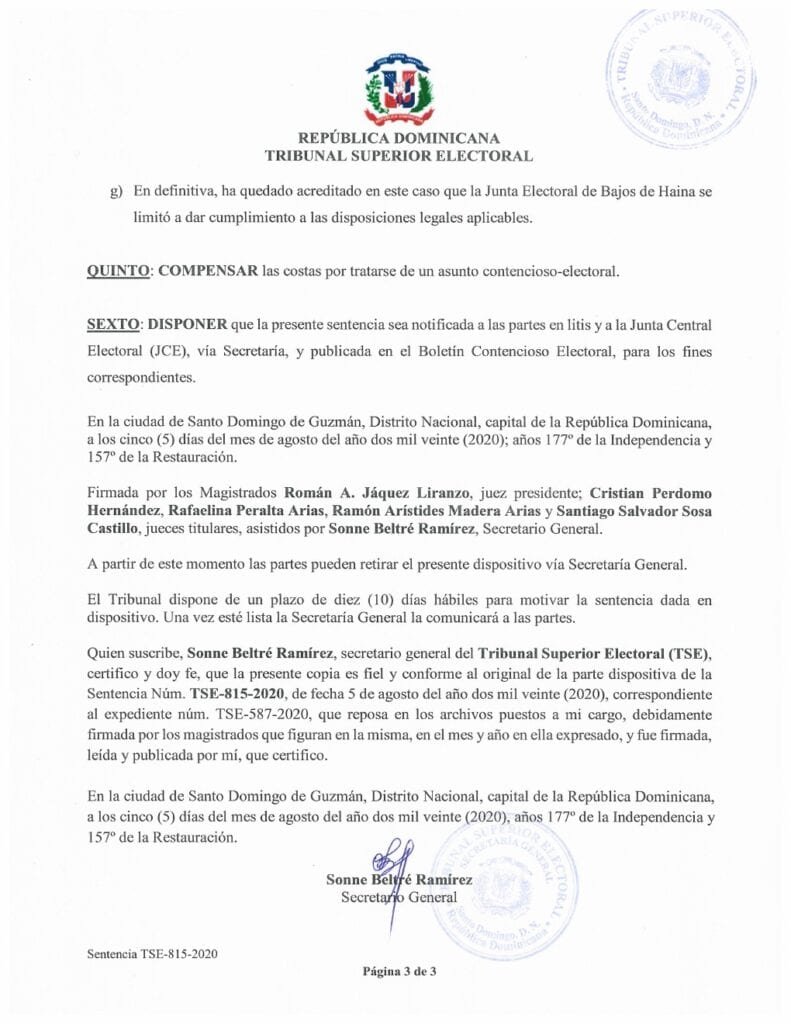 Dispositivo de Sentencia numero TSE 815 2020 03 TSE publica sentencias que PLD considera le despojan diputaciones