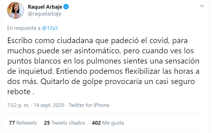 Twitt Arbaje toque de queda Raquel Arbaje apoya flexibilizar el horario del toque de queda