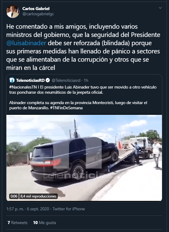 Twitt Carlos Gabriel Video | Se ponchan dos gomas a la jeepeta Presidencial; Carlos Gabriel pide blindar seguridad