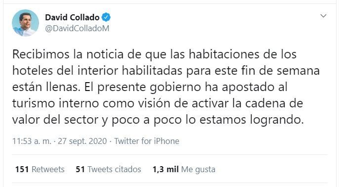Twitt Collado 01 Turismo asegura habitaciones de hoteles del interior están llenas