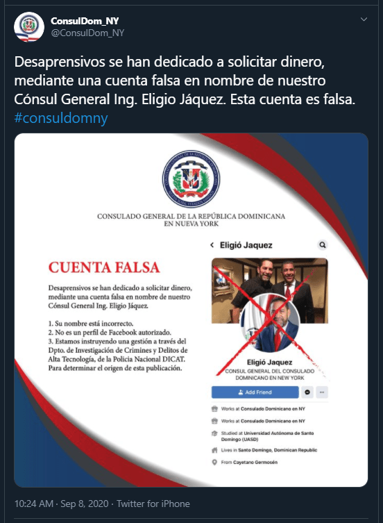 Twitt Consulado NY Denuncian “desaprensivos” piden dinero a nombre de Eligio Jáquez