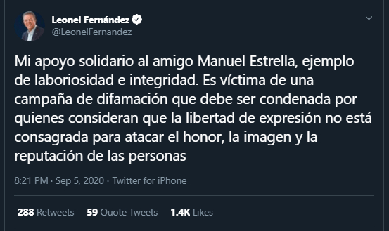 Twitt Manuel Estrella Leonel Fernández: Manuel Estrella es víctima de campaña difamatoria