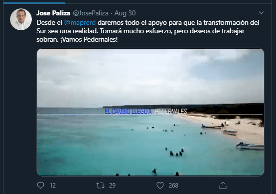 Twitt Pedernales Paliza: “Daremos todo el apoyo para la transformación de Pedernales"
