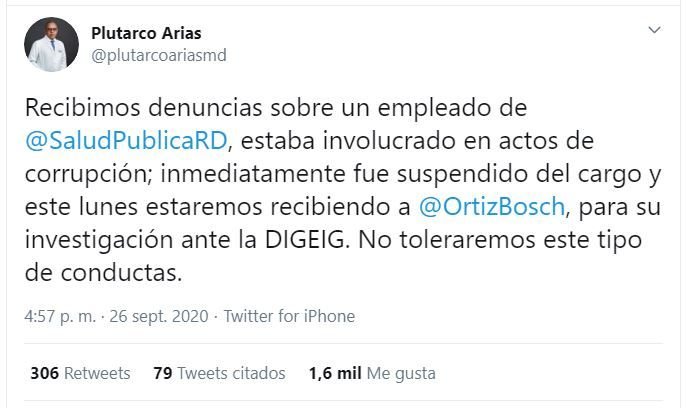 Twitt Plutarco DIGEIG investigará funcionario destituido por corrupción en Salud Pública