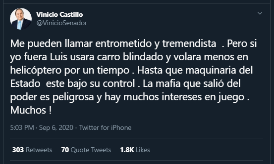 Twitter VInicito Recomiendan Abinader use auto blindado y menos helicópteros por seguridad
